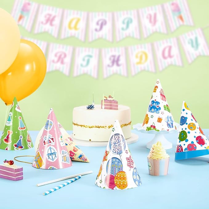 WERNNSAI Birthday Party Hats - 12 Pcs Birthday Party Supplies Cone Hat Headbands Colorful Paper Party Hats for Kids