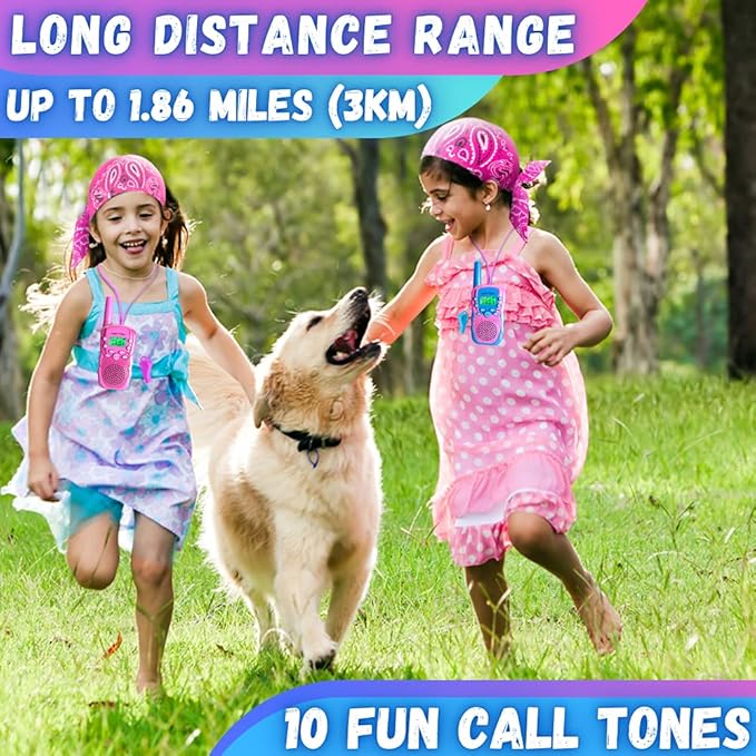 Waka Waka Walkie Talkies for Kids (2 Pack, Pink and Light Blue) — Long Range Two-Way Walkie Talkie Set with Bandanas and Whistles Included — Great for Indoor or Outdoor Play — Gift for Boys and Girls