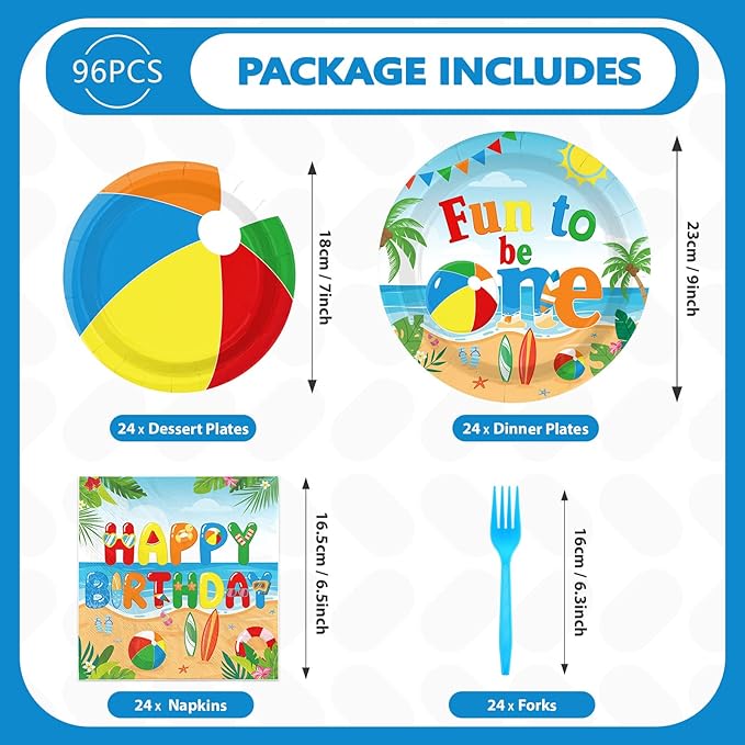 96Pcs Beach Ball Party Supplies Summer Beach Ball 1st Birthday Plates and Napkins Tableware Sets Fun to Be One Decorations for Baby Shower Luau Pool First Birthday Party Supplies Serves 24