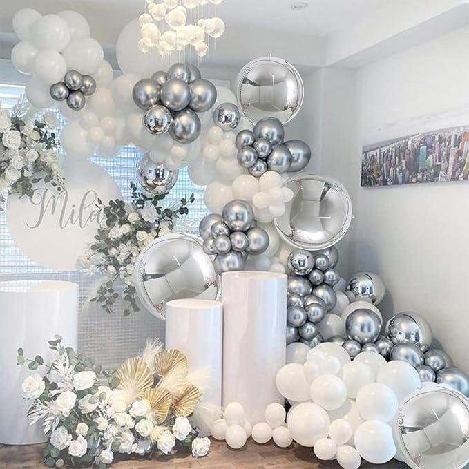 TONIFUL 8Pcs Large Silver 4D Giant Round Foil Balloon 22inch Big Mirror Metallic Mylar Sephere Balloons for Christmas New Year Birthday Party Graduation Wedding Bridal Shower Decoration Supplies
