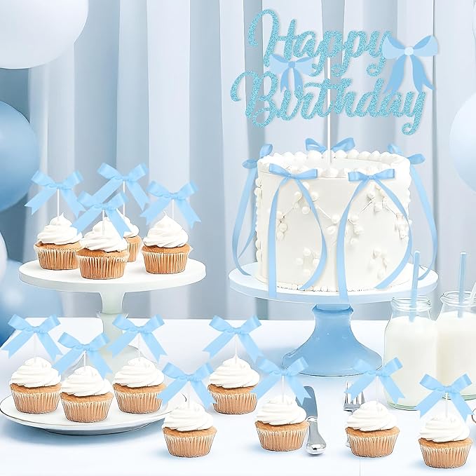 Blue Bow Birthday Decorations with Happy Birthday Sign, 6Pcs Ribbion Bow Cake Topper & 12Pcs Bow Cupcake Toppers, Bow Party Cake Decor, Tying the Knot Bridal Shower Party Supplies