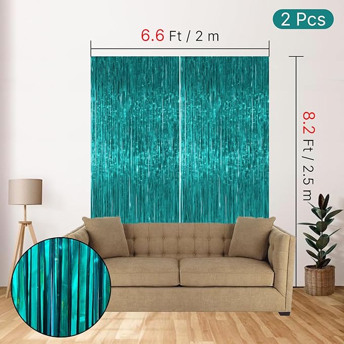 PartyWoo Teal Streamers Backdrop 3pcs Turquoise Foil Fringe Streamer Curtain 8.2FT Tinsel Backdrop for Birthday Gender Reveal Baby Shower Graduation Pool Mermaid Under The Sea Party Decorations