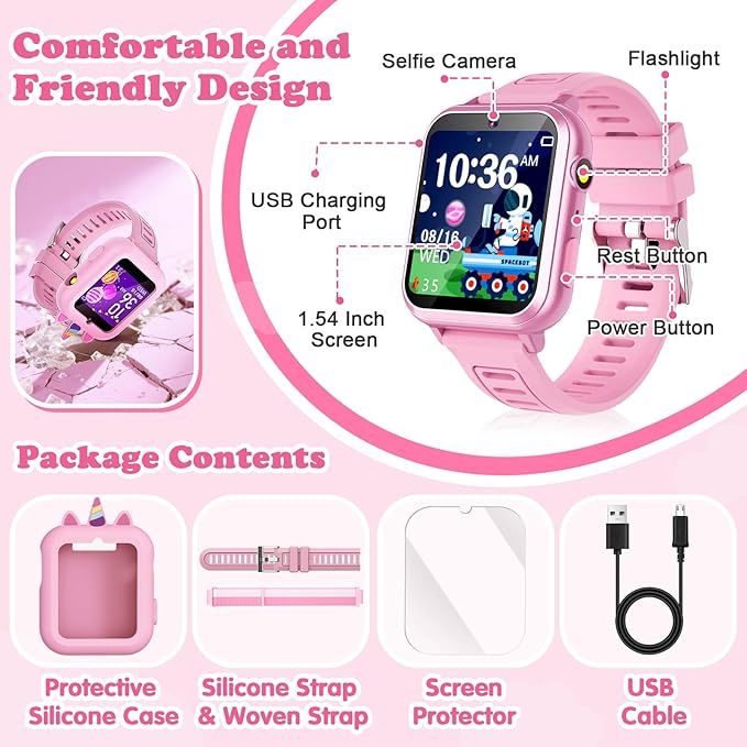 Smart Watch for Kids Girls Gift Age 3-12 with 39 Games Alarm Clock Camera Video Music Player Pedometer Flashlight 12/24 hr HD Touch Screen Kids Smart Watch Birthday Toys for Girls Ages 4 5 6 7 8 9 10