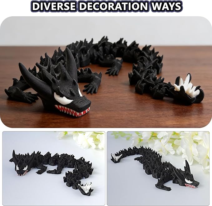 3D Printed Dragon,3D Printed Dragon Model,Flexible Articulated 3D Dragon Fidget Toy,Unique 3D Printed Animals Gift and Desktop Decoration (Black-10 inch).