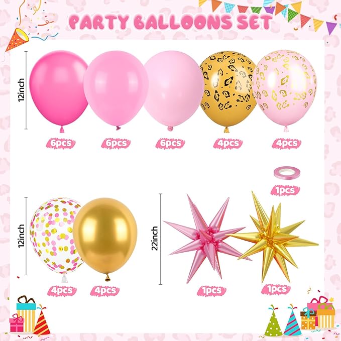 Hot Pink Cheetah Print Balloon, 12 Inch Pink Gold Balloons with Leopard Print Balloons Confetti Star Balloon Leopard Jungle Animal Decorations for Cheetah Theme Birthday Cherry Vintage Party Supplies