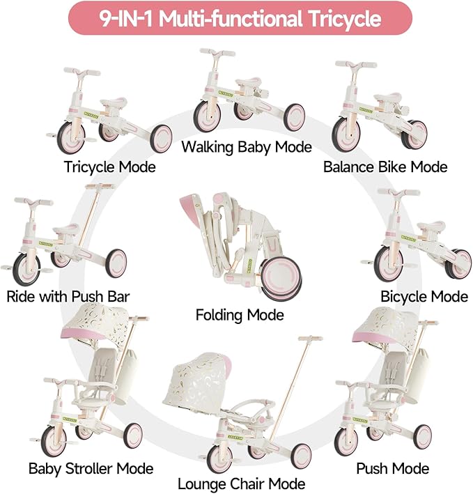 WinHope 9-in-1 Push Tricycle for Toddlers 1-3 Years, Convertible Kids Trike with Push Handle & Safety Belt, One-Client Foldable Design + Storage Basket, Birthday Gift and Toy for Boys and Girls(Pink)