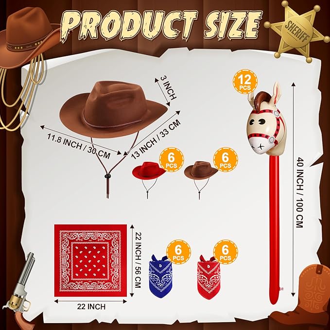 Xtinmee 36 Pcs Cowboy Party Costume Set, Cowboy Hats Paisley Bandanas Inflatable Stick Horses Kids Party Supplies