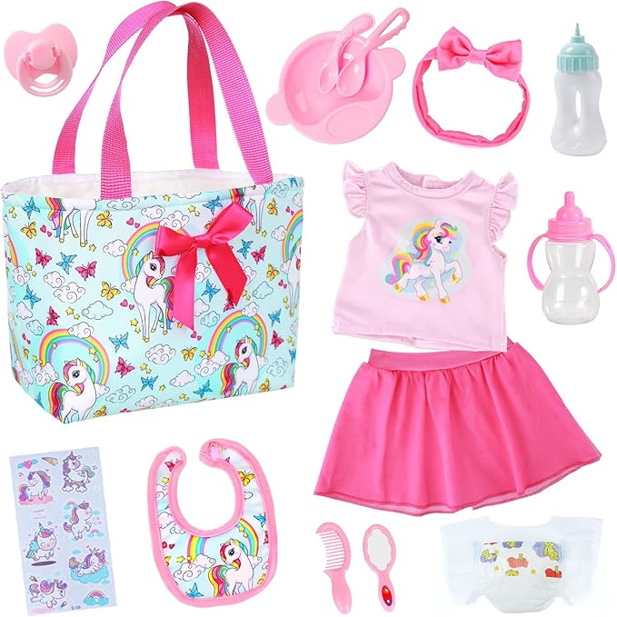Ecore Fun 15 Pcs Baby Doll Diaper Bag with Clothes and Accessories,Doll Alive Feeding and Caring Set for 16-18 Inch Dolls,Include 16 inch Girl Doll Clothes,Bottles, Pacifier,Bib,Diaper