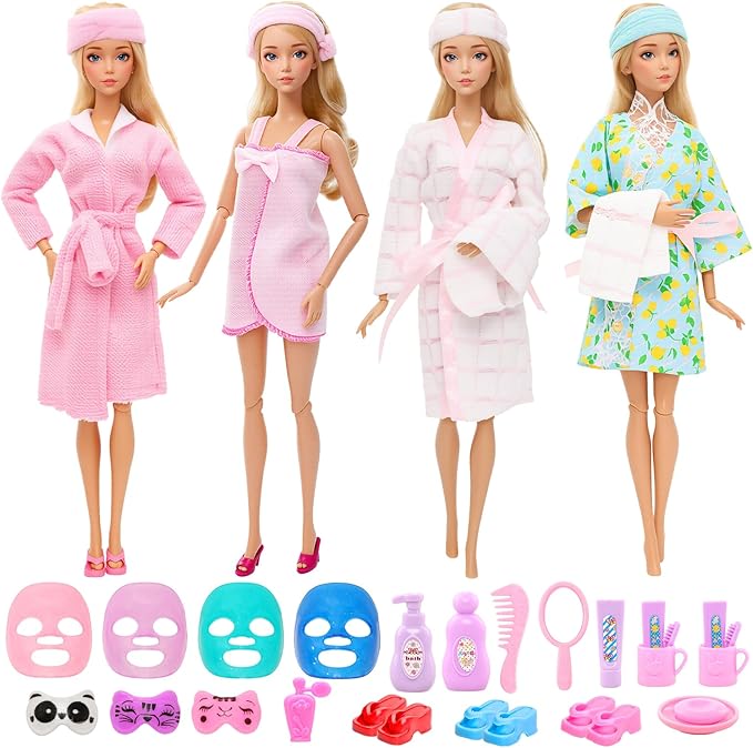 27 Pcs Doll Sleeping Clothes Accessories Including 4 Sets Bathrobes Pajamas, Towels, Headband, 12 Toiletries, 8 Accessories, 3 Slippers for 11.5 Inch Girl Dolls Sleeping Storytelling Playset