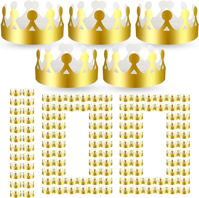 Crtiin 100 Pcs Gold Paper Crowns Birthday Party Bulk for Adults Classroom Students Hat Supplies Favors (Cute Style)