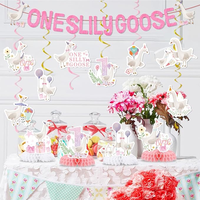 One Silly Goose Birthday Decorations Include One Silly Goose Glitter Banners Hanging Swirls Honeycomb Centerpieces Pink Silly Goose Birthday Baby Shower Theme Party Supplies for Boys Girls