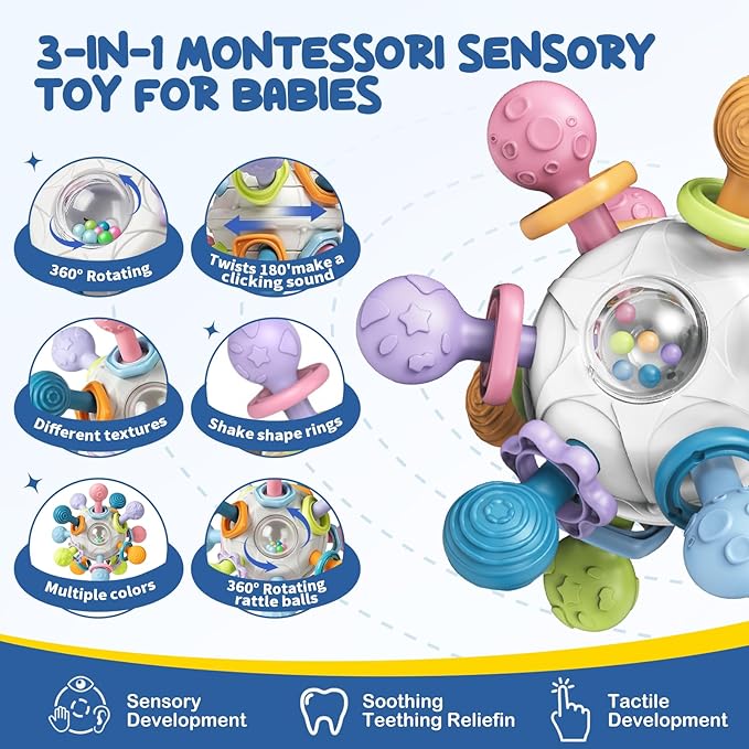 Montessori Baby Toys 3-in-1 Set for Sensory Development, Teething Toys, and Early Education - Gift for Toddler Baby 0-3-6-12-18 Months