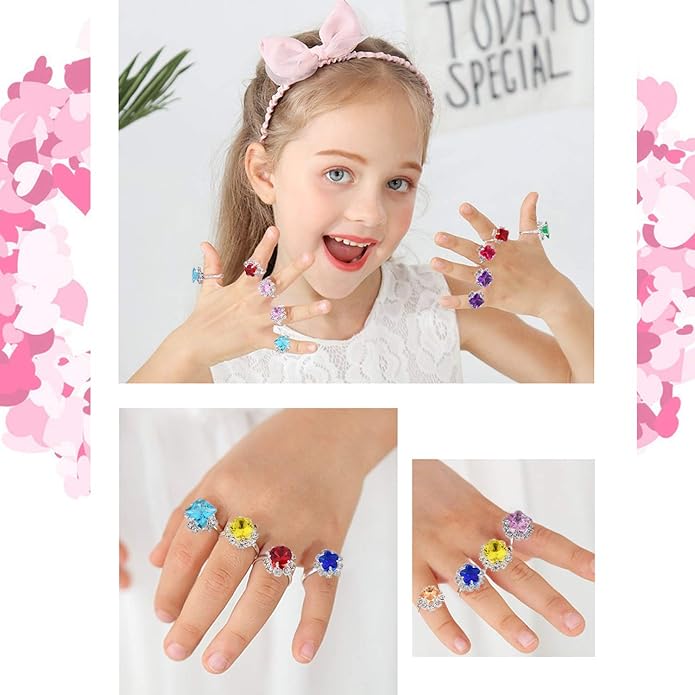 36pcs Little Girl Adjustable Rhinestone Gem Rings Set with Heart Shape Display Case, Jewelry Rings for Kids Pretend Play and Dress Up
