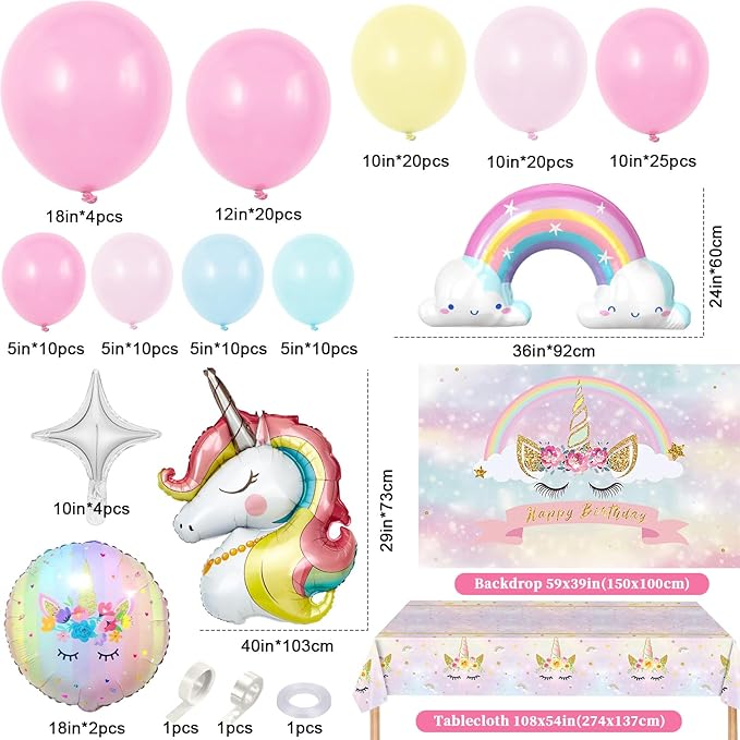 Winrayk 142Pcs Pink Unicorn Party Decorations Birthday Supplies for Girls, Pink Balloon Arch with Backdrop Tablecloth Large Self-designed Foil Balloons, Kids Rainbow Unicorn Theme Birthday Decorations