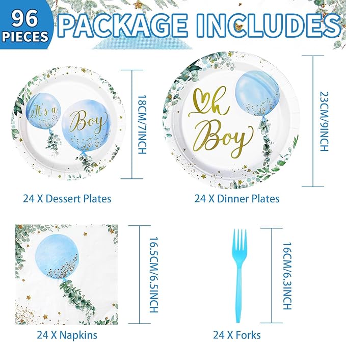 Grencian 96 PCS Boy Watercolor Blue Balloon Party Supplies Boys Plates and Napkins Disposable Greenery It's A Boy Baby Shower Tableware for Birthday Boys Baby Shower Decorations, Serves 24