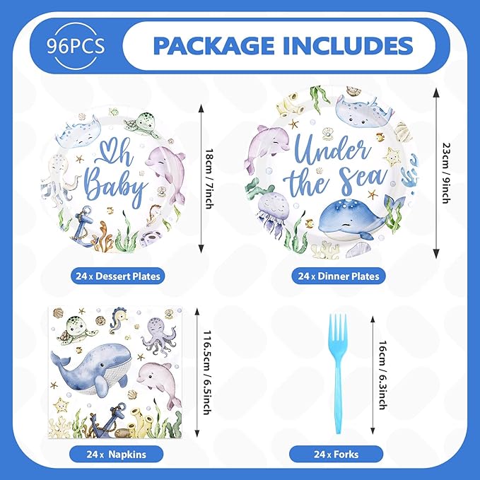 96Pcs Under The Sea Baby Shower Decorations Ocean Theme Party Plates and Napkins Disposable Sea Life Tableware Set Under The Sea Party Supplies for Birthday Baby Shower Underwater World Party Serve 24
