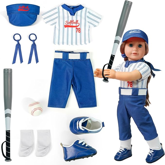 ARTST Softball Uniform Doll Outfit-American 18 inch Doll Clothes and Accessories Set-Hat Baseball Clothing Bat Shoes Socks,Valentine's Gifts for Boys Spring T-Ball