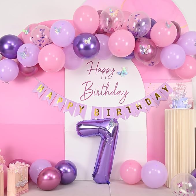 7th Pink Purple Birthday Decorations,Pink Purple 7th Birthday Balloons for Girls Lavender Party Decor Banner Number 7 Balloons Cake Topper Butterfly Party Decorations for 7 Year Old Girls
