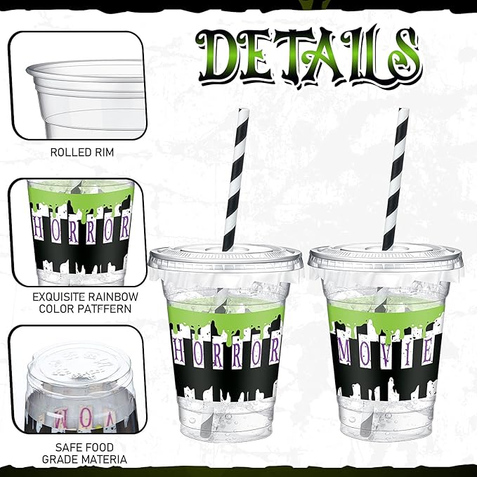 Domensi 50 Pcs Halloween Black and White Juice Classic Horror Party Plastic Cup 12 oz Scary Disposable Plastic Cups with Lids and Straws Thick Clear Horror Movie Party Table Decoration Supplies