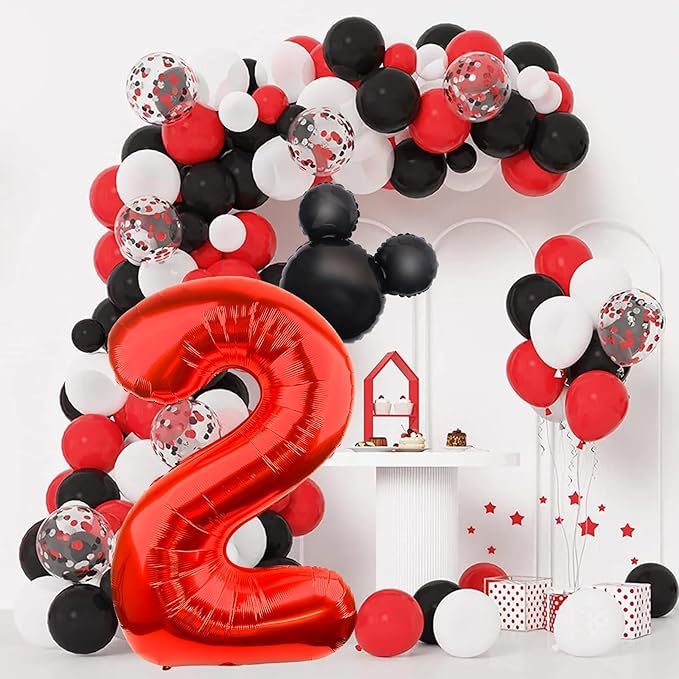 Mouse Number 2 Balloon 40 Inch Red Number 2 Balloon Mini Mouse Head Balloons for 2nd Birthday Party, Black Red Large Numeral Two Foil Balloons for Baby Shower Anniversary Supplies Decoration