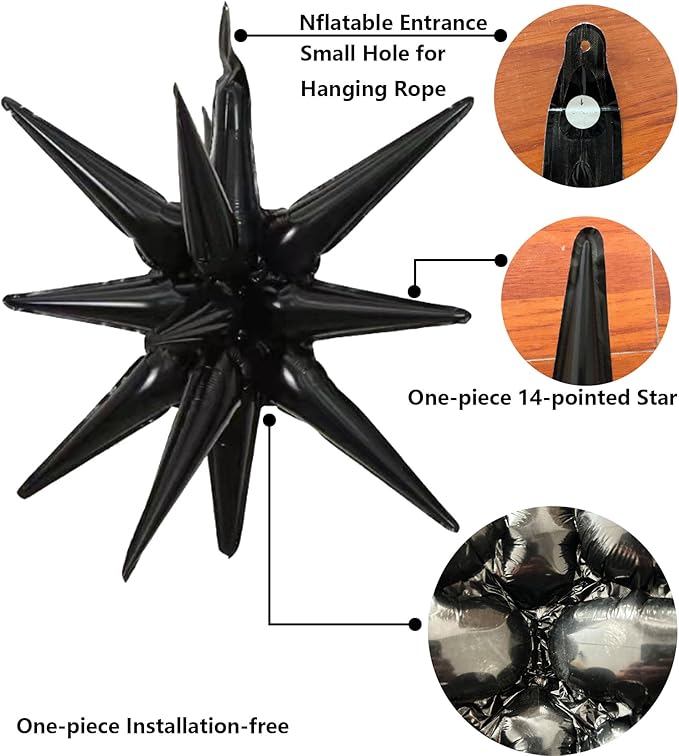 6 Pcs Black Star Foil Balloons One-Piece 14-Pointed Star Balloon 4D Cone Mylar 22inch Christmas Birthday Wedding Fireworks Shape Party Supplies (Black)