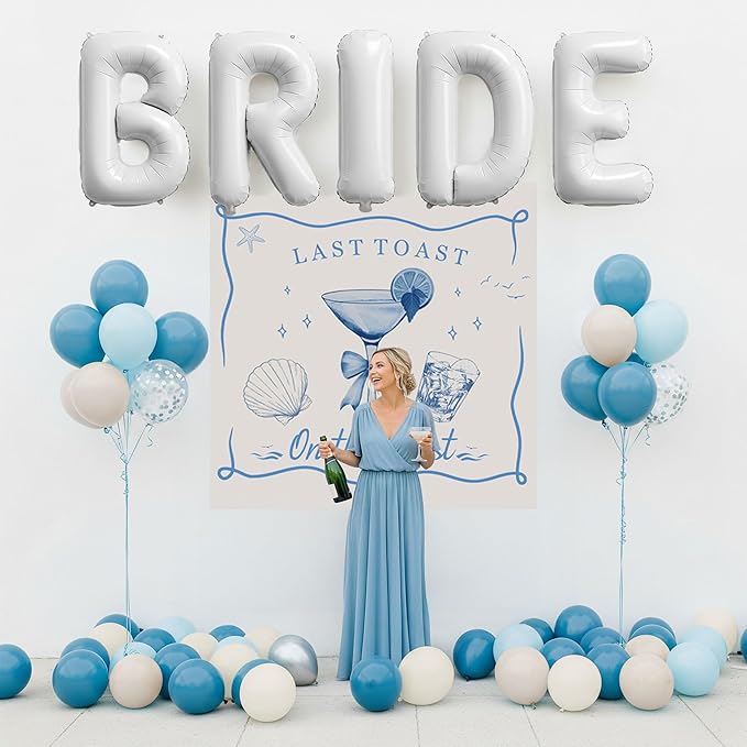 Last Toast on the Coast Bachelorette Decorations Blue bridal shower sand Balloon Garland Kit with Backdrop Huge 40 inch BRIDE letter Diamond Ring balloons for Hen Party Wedding Engagement supplies