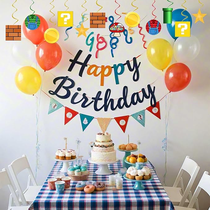 Video Games Party Decorations Super Adventure Party Decor, Assembled and Ready to Use, Cartoon Theme Party Hanging Swrils 24pcs Party Streamers Kids Boys Birthday Party Decor Supplies
