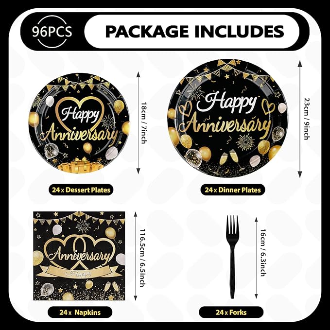 96 Pcs Happy Anniversary Decorations Disposable Black and Gold Anniversary Party Paper Plates and Napkins Tableware Set Wedding anniversary Party Supplies for 40th 50th 60th Wedding Favors 24 Guests