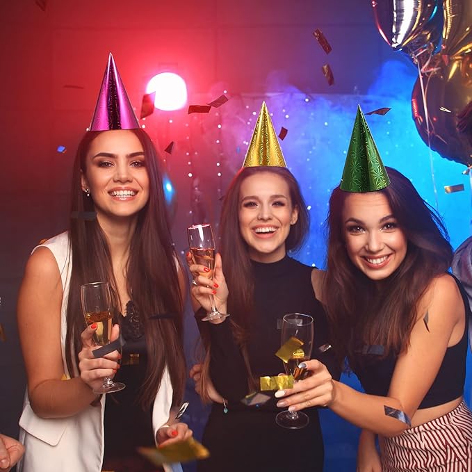 JaGely 100 Pieces Colorful Birthday Party Hats Metallic Foil Cone Hat for Christmas New Year Party Supplies, 5 Colors
