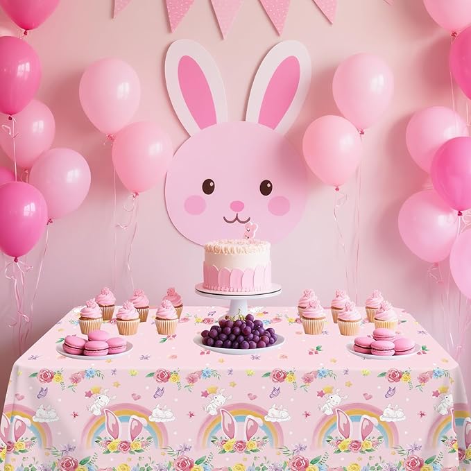 4 Pack Pink Bunny Party Tablecloth Supplies, Rabbit Rectangle Plastic Tablecloth for Rectangle Tables Gilrs Birthday Party Supplies Favors 51'' X 86''