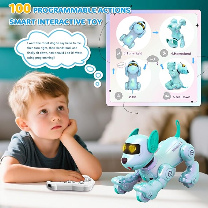 VATOS New Kids Smart Remote Control Robot Dog,17 Fun Interactive Functions Intelligent Programmable Kid Robotic Puppy with 2 Batteries, Singing Dancing Walking Robot Dog Toy for Kids 3-8 Year Blue