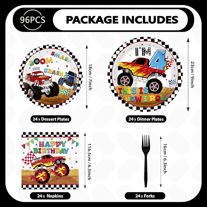 96 Pcs Monster Theme Truck 4th Birthday Party Supplies Monster Theme Truck Plates and Napkins Checkered Tableware Set Monster Birthday Decorations for 4th Kids Boys Monster Theme Truck Party Serves 24