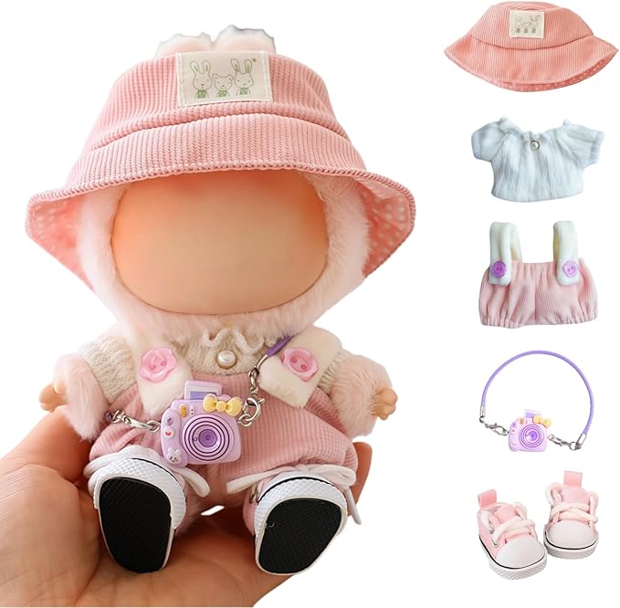 Clothes for Lu bubu 17cm Dolls Accessories(No Doll), Cute Outfit Set 5 Pieces Bib Pants for 17cm Doll Suit, Stylish Dress Up Overalls Doll Clothing Set Replacement with Hat Clothes Shoes Pink