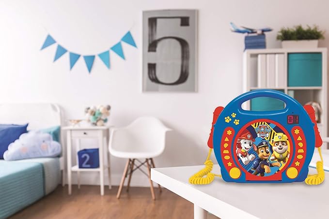 Lexibook Paw Patrol Chase Marshall, Karaoke CD Player with 2 Microphones, Programming Function, Headphones Jack, for Kids, with Power Supply or Batteries, Blue/Red, RCDK100PA