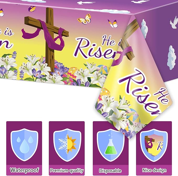 98 Pieces He is Risen Easter Party Decorations Easter He is Risen Tableware Set Religious Plates Napkins Tablecloth Christian Holiday Party Supplies Kit Tablecover Dinnerware Spring Favor