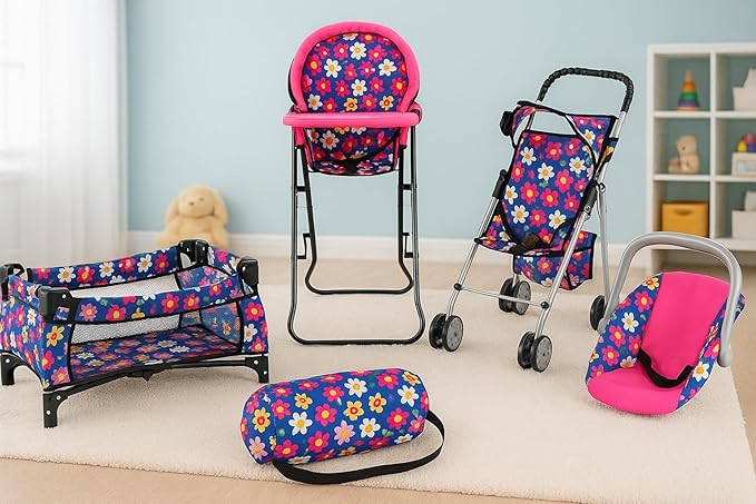 fash n kolor 4 Piece Baby Doll Play Set Flower Design Includes - Foldable Pack N Play, Baby Doll Stroller, Baby Doll High Chair, Infant Seat, Fits Up to 18'' Doll 4 Piece Doll Accessories Set