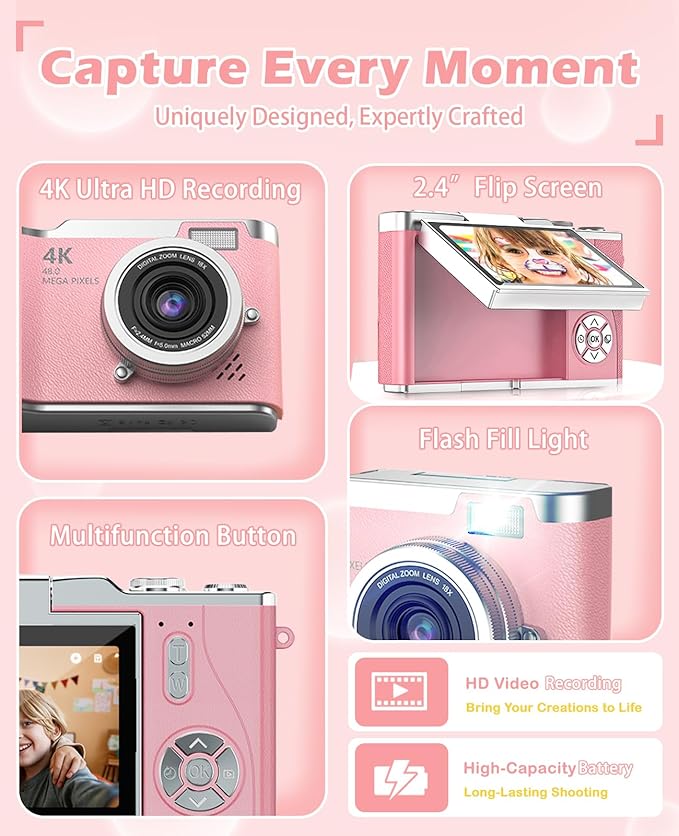 Kids Camera,4K Digital Camera for Photography,48MP 1080P HD Video Selfie Camera,with 180° Flip Screen Flash,with 32GB SD Card,for Starter Kid Children Teen Student Girl Boy(Pink)