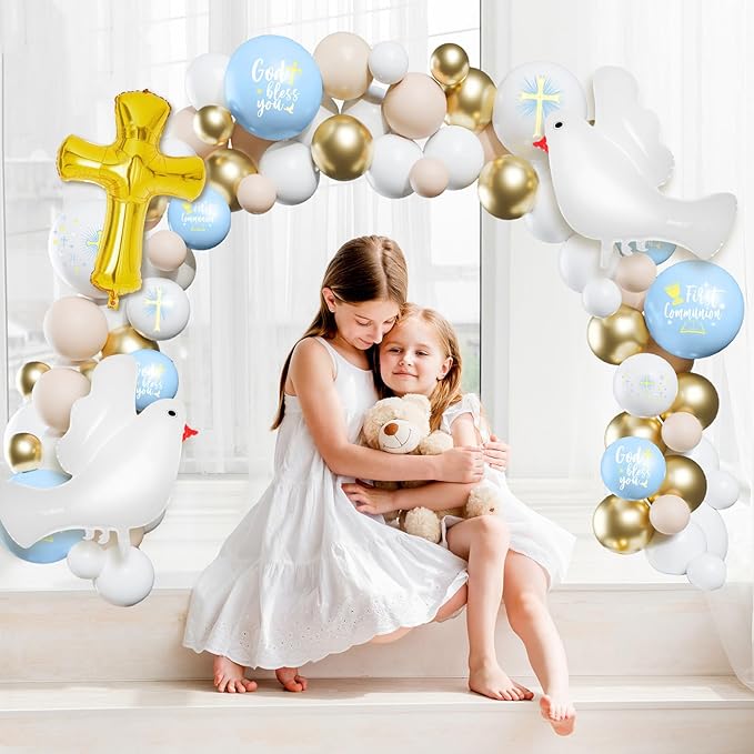 169 Pcs First Communion Decorations Balloons Kit Baptism Party Decorations Blue Metallic Gold Balloons Arch Kit First Holy Communion Decor for God Bless Christening Birthday Theme Party Supplies