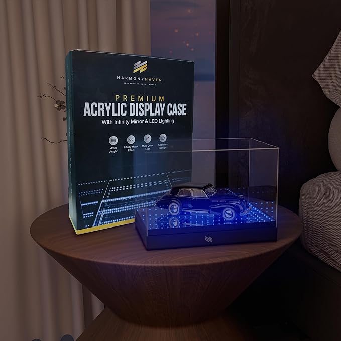 HarmonyHaven Premium Acrylic Display Case with Infinity Mirror & Multi-Color LED Lighting - Sturdy 4mm Design, Remote-Controlled Lights, Simple Assembly - Collectibles, Action Figures, Sports Figures