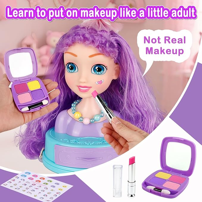 4-in-1 Doll Head for Hair Styling Kids-9Inch,Hair Salon Toys Makeup Kit Princess Accessories Pretend Play Toys Birthday Gifts for 3-8 Year Old Girls