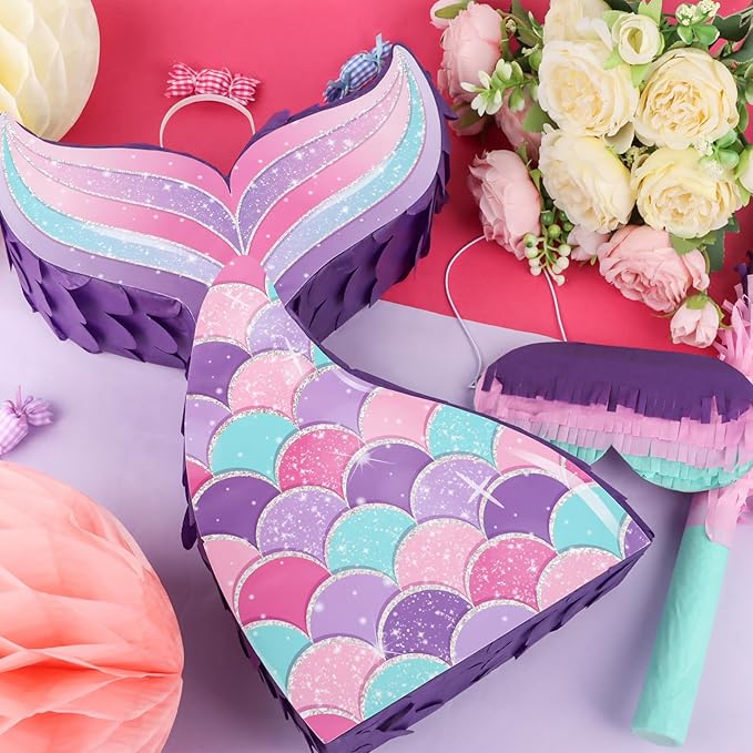Mermaid Tail Pinata Glitter with Stick Blindfold Mermaid Birthday Party Decoration Mermaid Pinata Game for Girls Kids Carnival Under the Sea Ocean Theme Party Supplies (15.3"x10")
