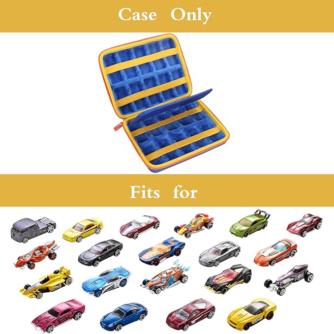Mchoi Shockproof Carrying Case for Hot Wheels 20 Cars, Case Only (Blue, Yellow, Orange Zipper)