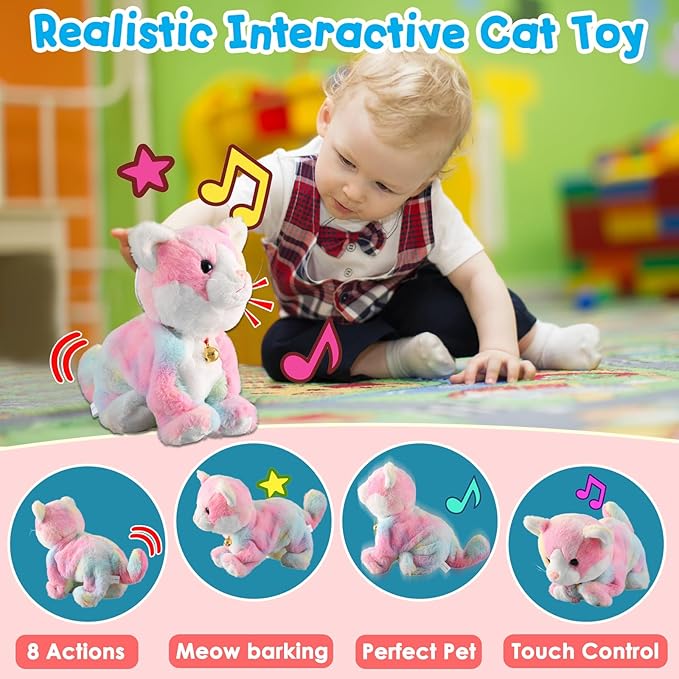 Colorful Robot Cat Plush Stuffed Animal Interactive Cats Meow Kitten Touch Control, Electronic Pet, Robotic Kitty Toy, Animated Toy Cats for Girls Baby Kids L:12"
