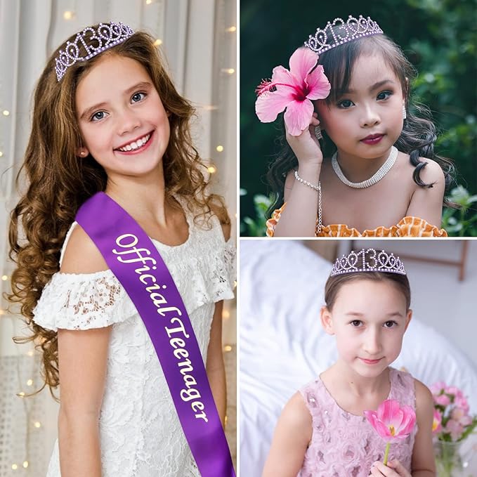 CIEHER Purple 13th Birthday Crown & Sash Set, Tiara, Decorations, Teen Girl Gifts