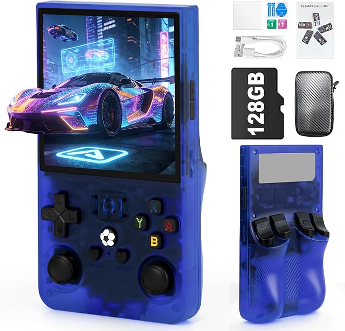 R36MAX Handheld Game Console - 4.0-Inch Screen, Support 22000+Classic Games,128G TF Card,Portable Console with Open Source System,4000mAh Battery,Birthday Gift for Adult or Partner - Blue