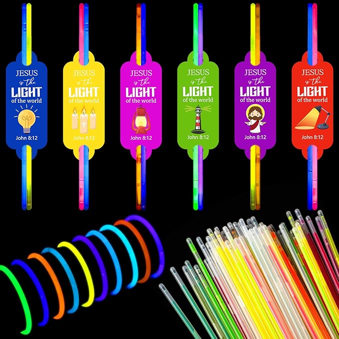 Civaner 48 Packs 2026 Vbs Gifts Cards with 100 Glow Sticks Jesus Is The Light of The Word Cards Religious Bible Verse Sticks for Vbs Sunday School Supplies