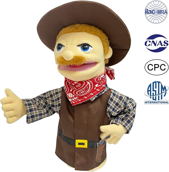 16"Puppets Entriloquist Puppe t,Hand P uppets for Kids Plush Cowboy Pupp ets for Adults with Removable Mouth P uppet for Kids Ages 4-8，Hand Pu ppet for Adults with Scalable Puppet Control Rod