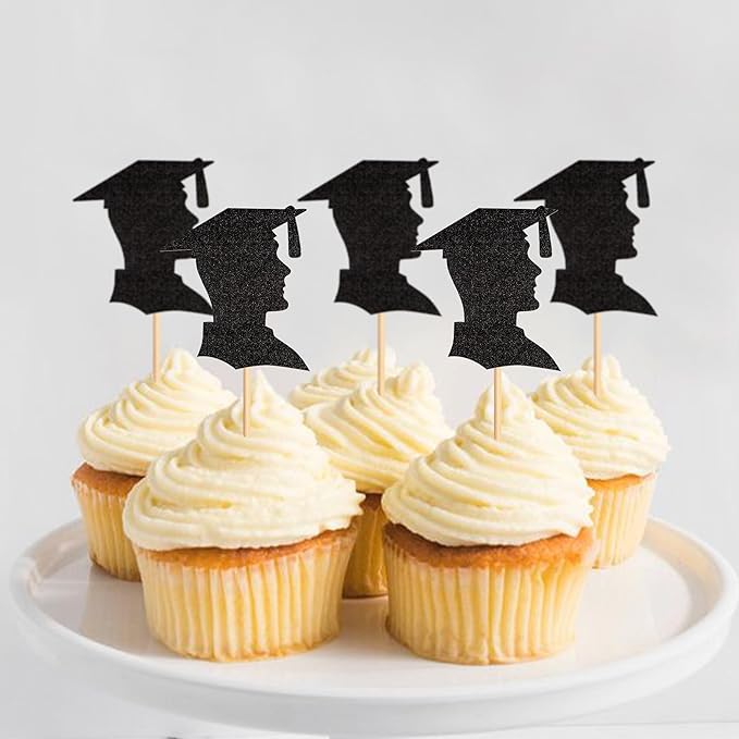 24pcs 2026 Black Male Student Graduation Cupcake Toppers Boys Graduate Silhouette Cupcake Picks 2026 Students Graduation Theme Party Cake Decorations Supplies