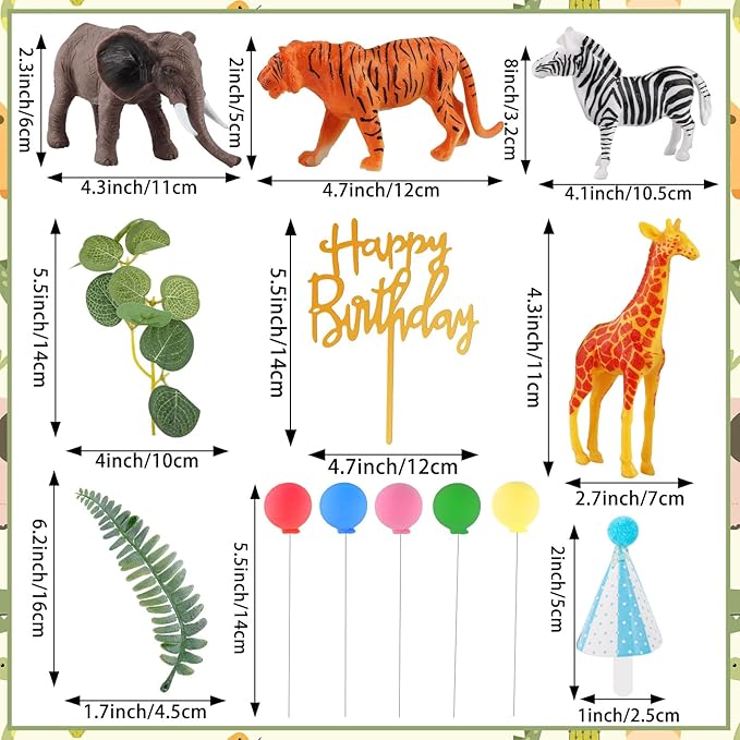 Hooqict 34 Pcs Safari Animal Cake Toppers with Mini Birthday Party Hats Party Animal Birthday Decorations Jungle Cake Decorations for Kids Wild Zoo Theme Party Decorations
