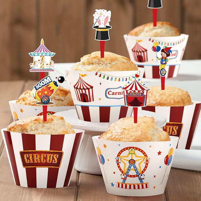 48 Pack Circus Cupcake Toppers and Wrappers, Carnival Party Cake Decoration for Carnival Theme Birthday Party Baby Shower Supplies